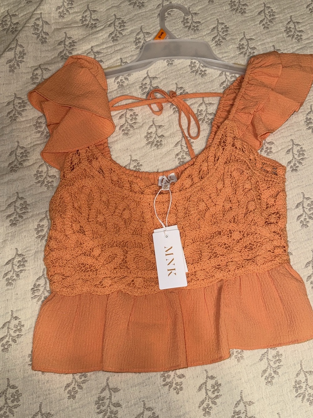 Buckle Peach Crochet Ruffle Tie-Back Crop Top